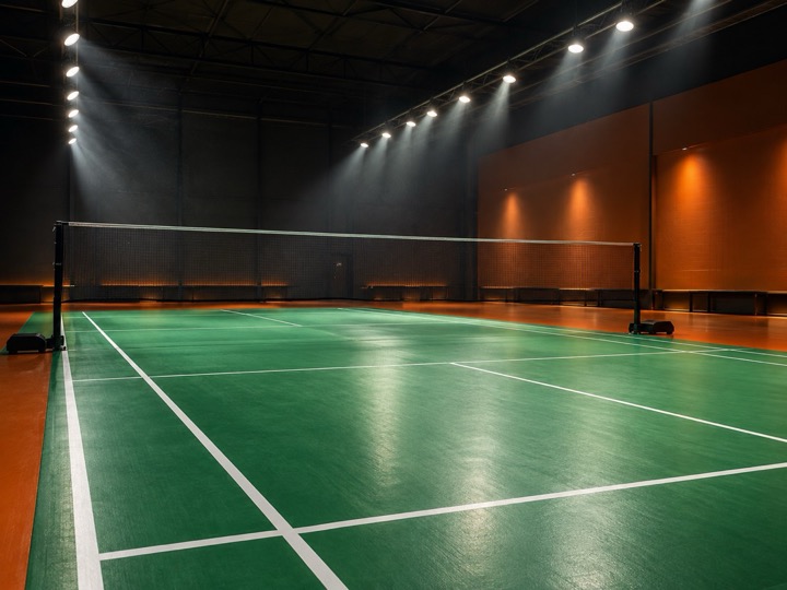 Lapangan indoor dengan net dan garis lapangan